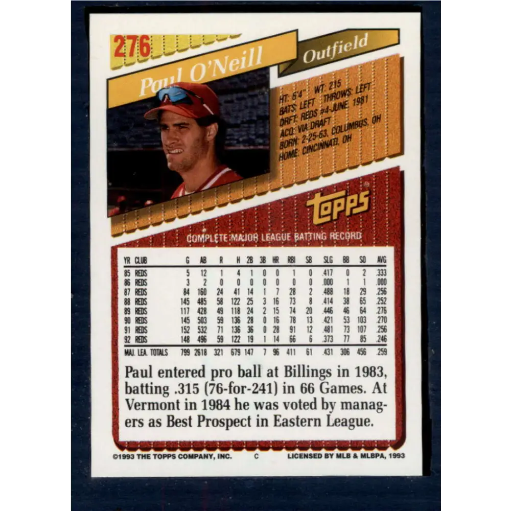 1993 Topps #276 Paul O'Neill NM-MT Cincinnati Reds Baseball Card Image 2