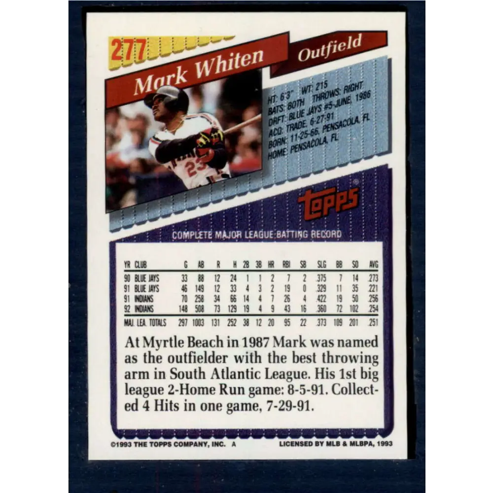 1993 Topps #277 Mark Whiten NM-MT Cleveland Indians Baseball Card Image 2