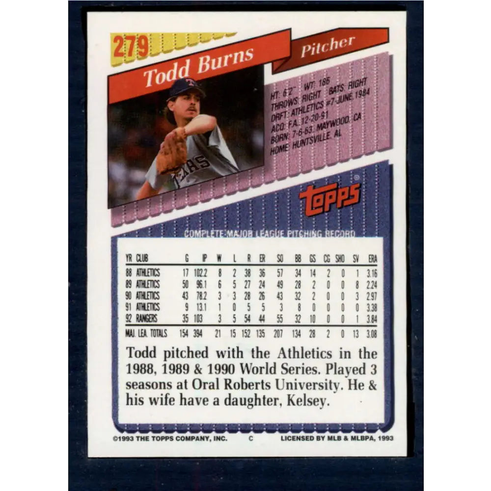 1993 Topps #279 Todd Burns NM-MT Texas Rangers Baseball Card Image 2