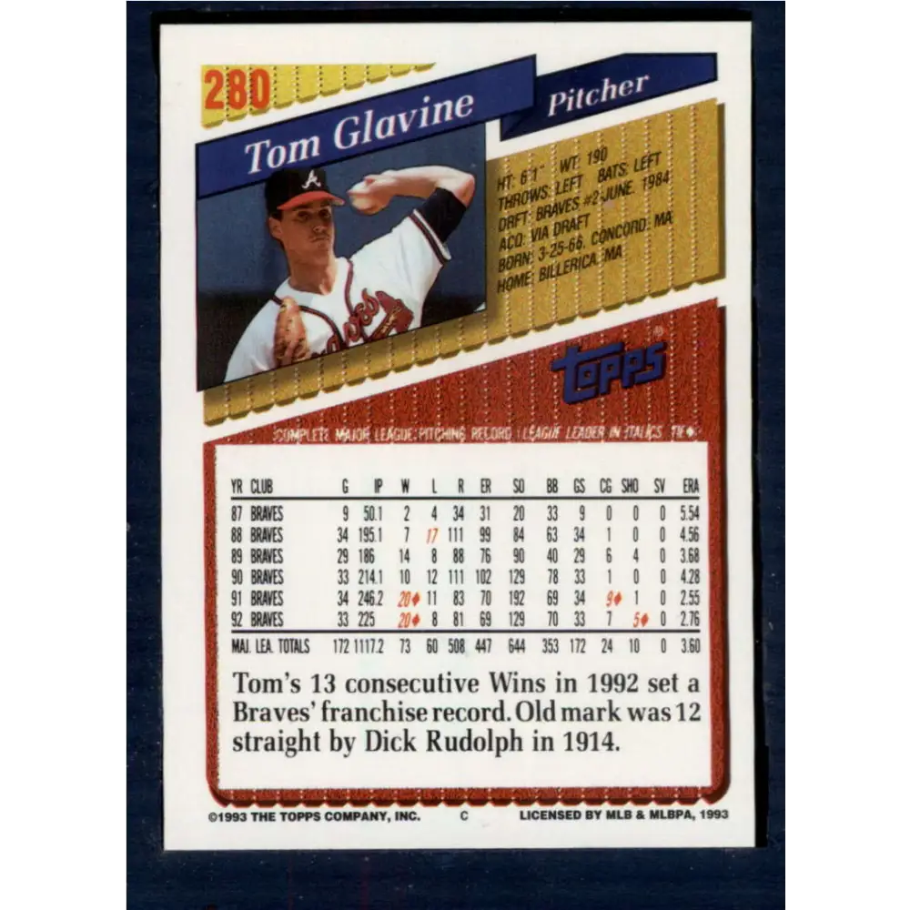 1993 Topps #280 Tom Glavine NM-MT Atlanta Braves Baseball Card Image 2