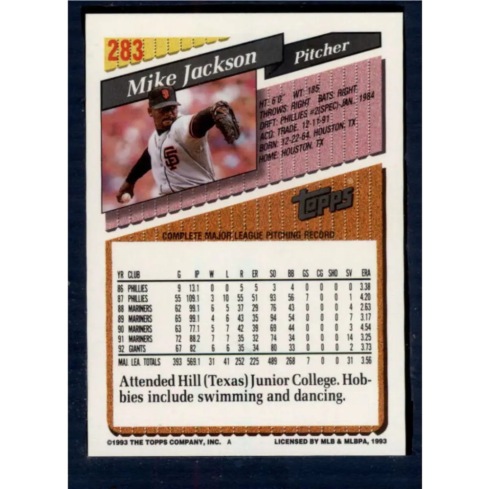 1993 Topps #283 Mike Jackson NM-MT San Francisco Giants Baseball Card Image 2