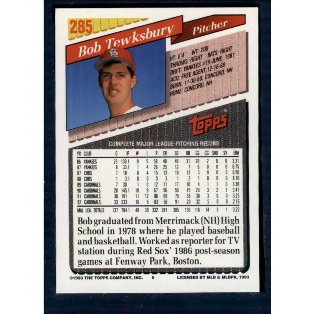 1993 Topps #285 Bob Tewksbury NM-MT St. Louis Cardinals Baseball Card Image 2