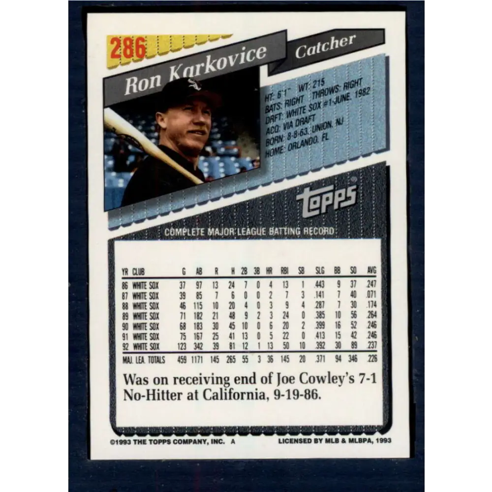1993 Topps #286 Ron Karkovice NM-MT Chicago White Sox Baseball Card Image 2