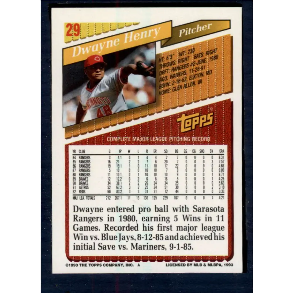 1993 Topps #29 Dwayne Henry NM-MT Cincinnati Reds Baseball Card Image 2