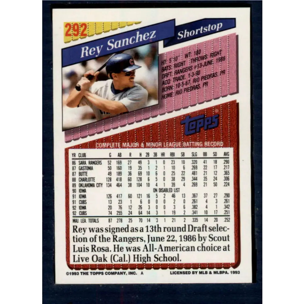 1993 Topps #292 Rey Sanchez NM-MT Chicago Cubs Baseball Card Image 2