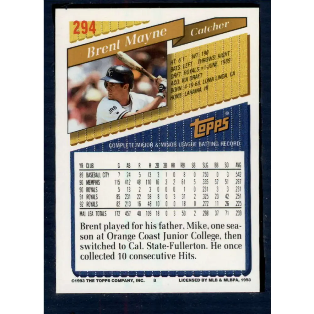 1993 Topps #294 Brent Mayne NM-MT Kansas City Royals Baseball Card Image 2