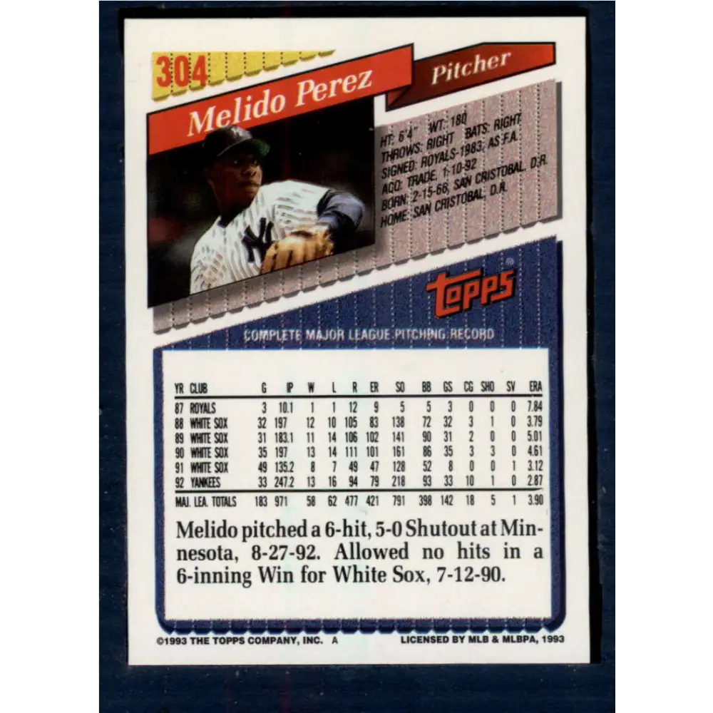 1993 Topps #304 Melido Perez NM-MT New York Yankees Baseball Card Image 2