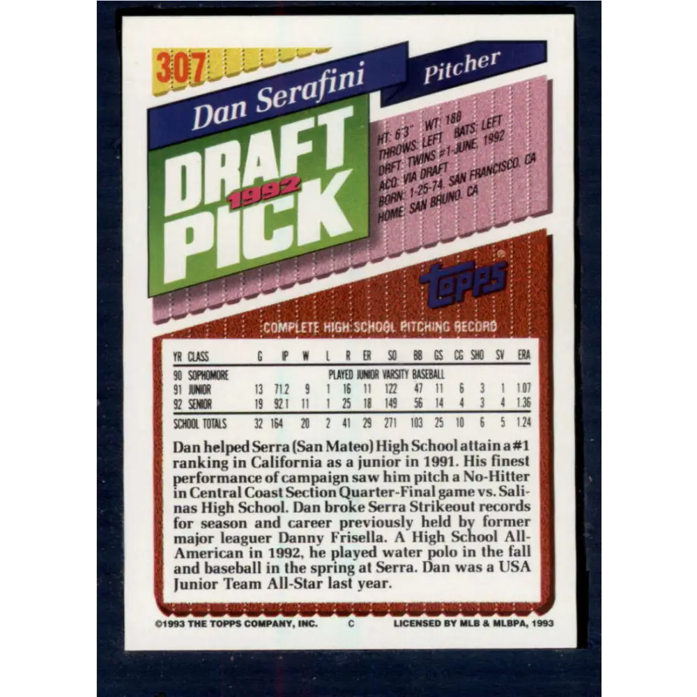 1993 Topps #307 Dan Serafini NM-MT RC Rookie Minnesota Twins Baseball Card Image 2