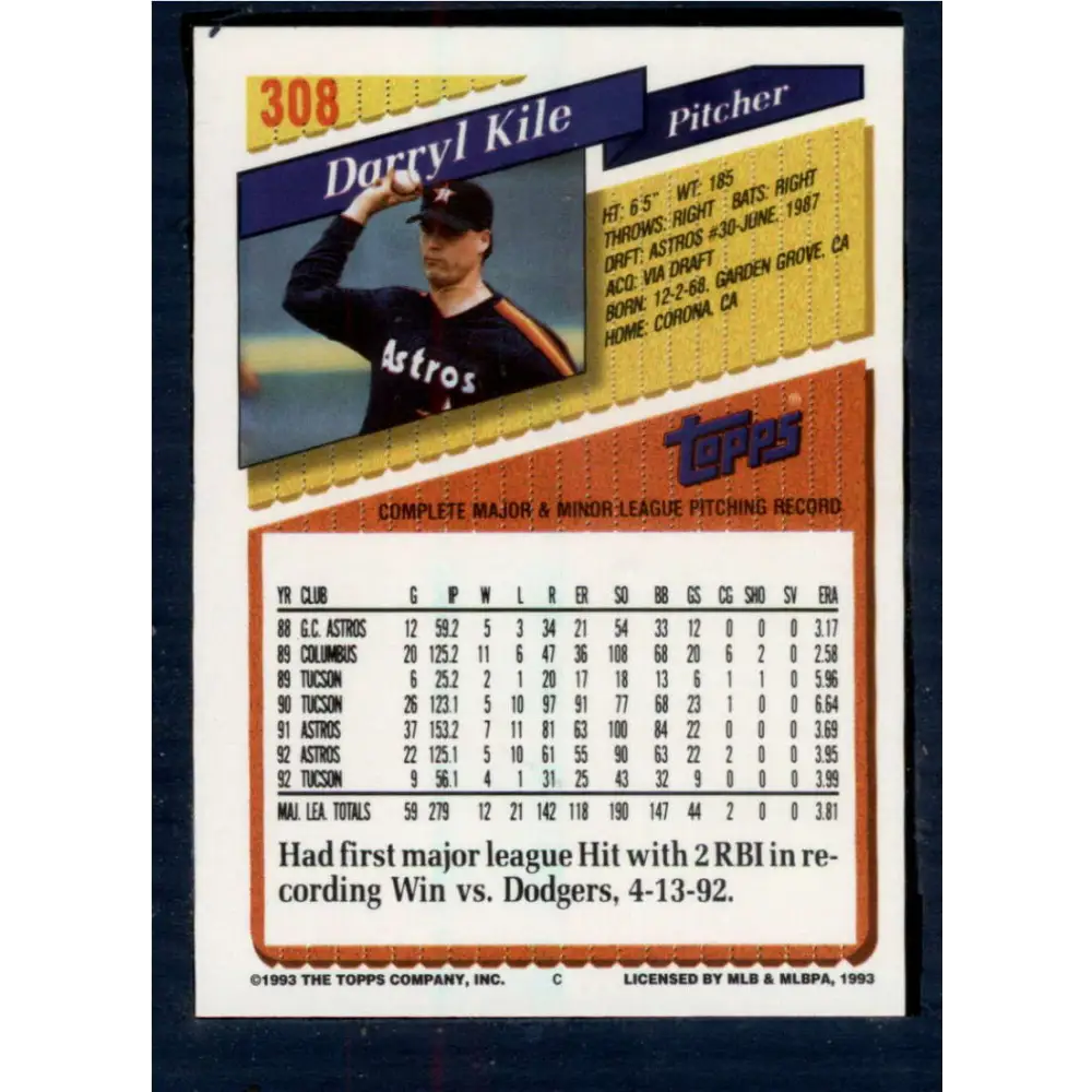 1993 Topps #308 Darryl Kile NM-MT Houston Astros Baseball Card Image 2