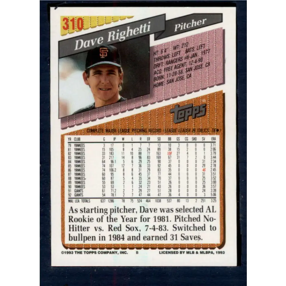 1993 Topps #310 Dave Righetti NM-MT San Francisco Giants Baseball Card Image 2
