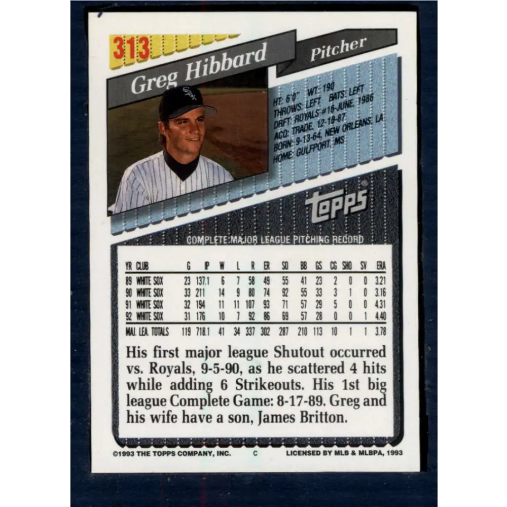 1993 Topps #313 Greg Hibbard NM-MT Chicago White Sox Baseball Card Image 2