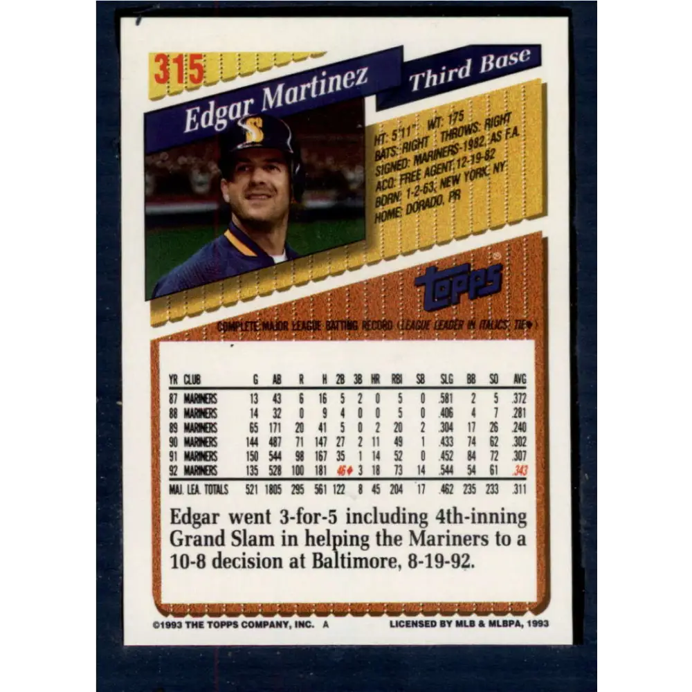 1993 Topps #315 Edgar Martinez NM-MT Seattle Mariners Baseball Card Image 2