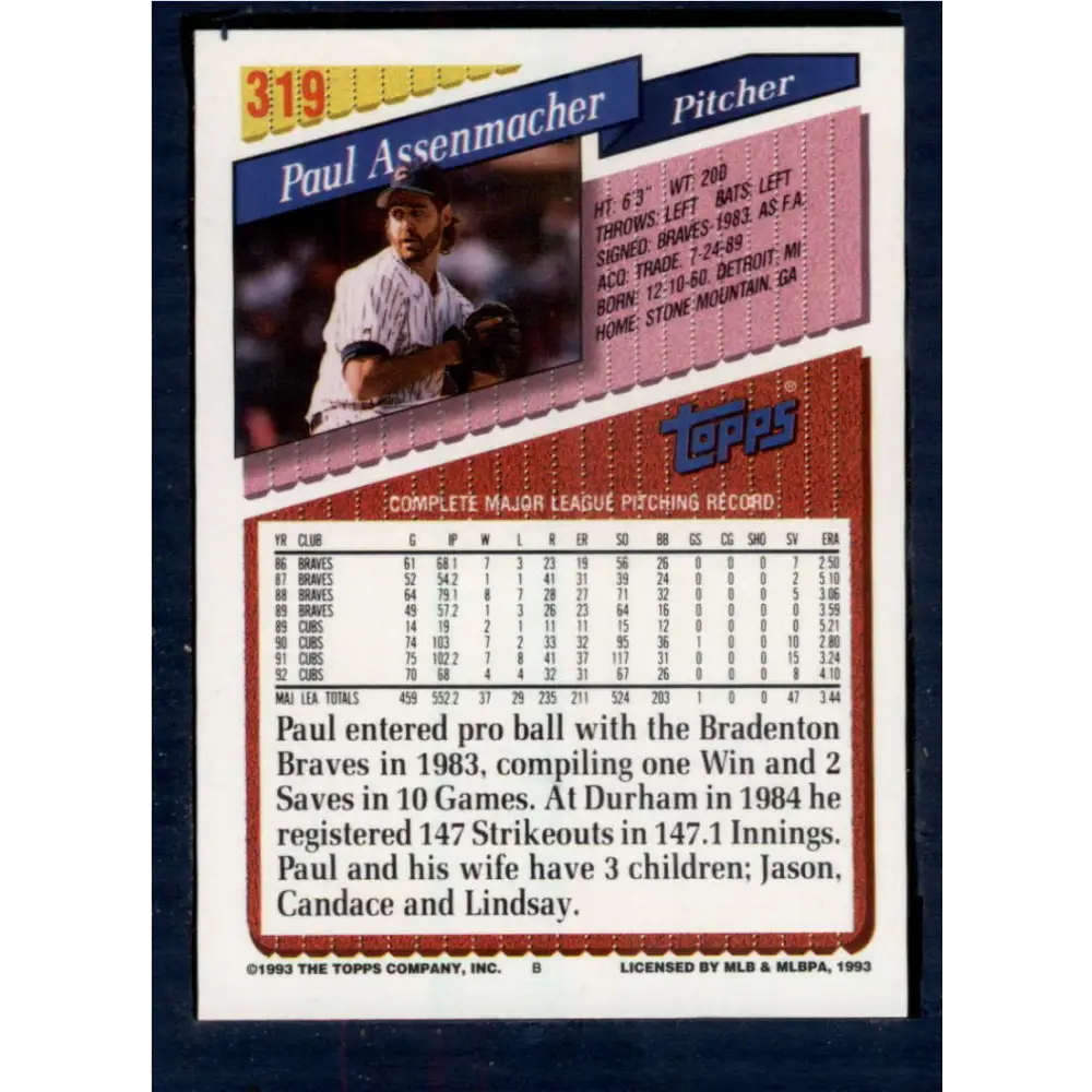 1993 Topps #319 Paul Assenmacher NM-MT Chicago Cubs Baseball Card Image 2