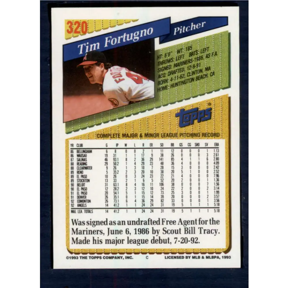 1993 Topps #320 Tim Fortugno NM-MT California Angels Baseball Card Image 2