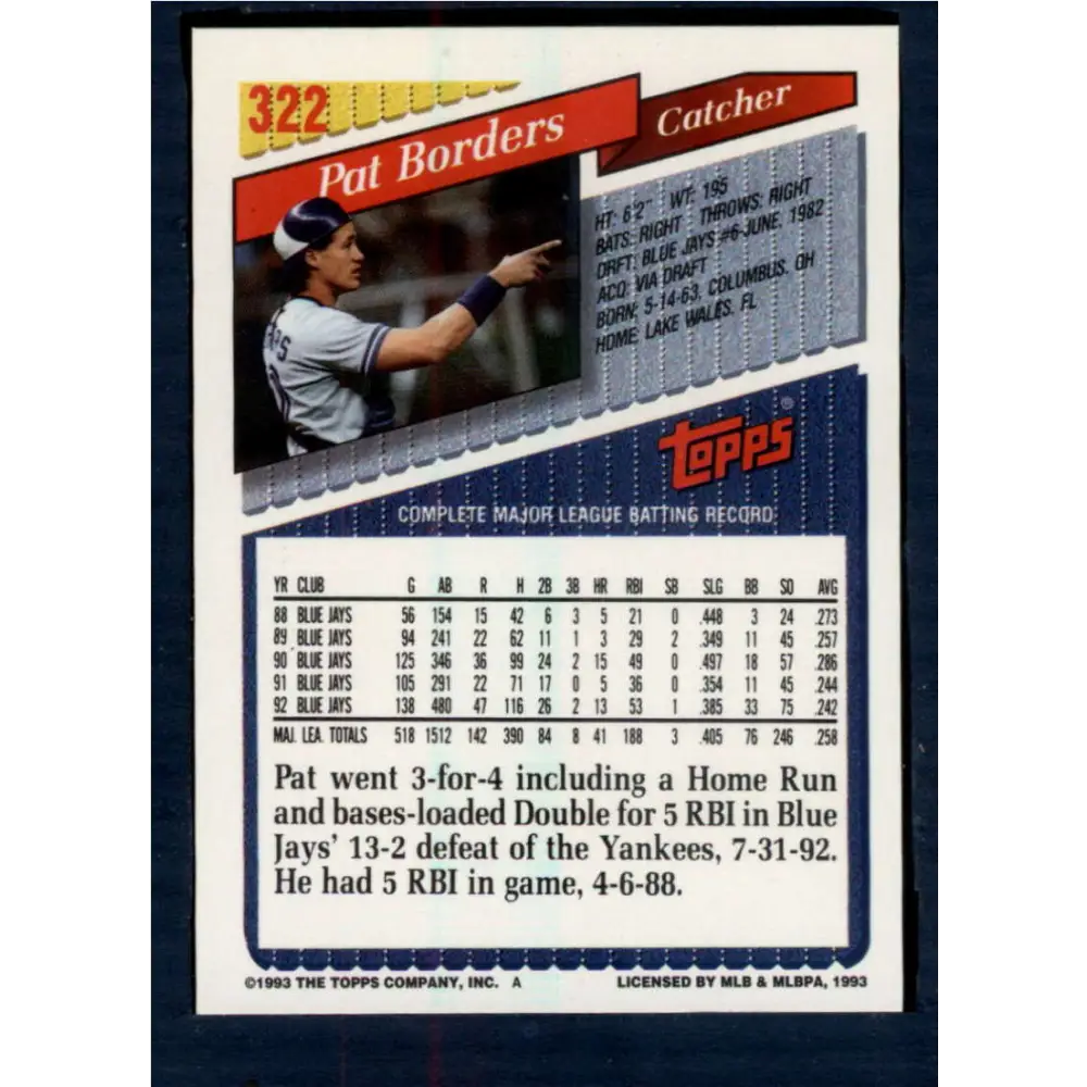 1993 Topps #322 Pat Borders NM-MT Toronto Blue Jays Baseball Card Image 2