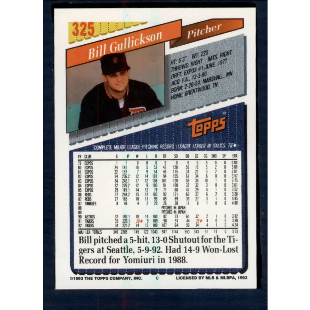 1993 Topps #325 Bill Gullickson NM-MT Detroit Tigers Baseball Card Image 2