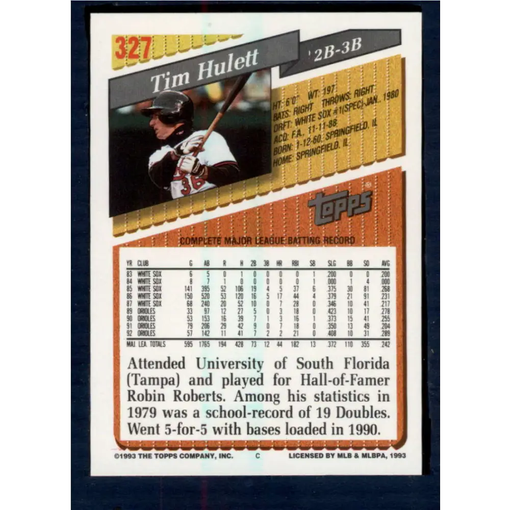 1993 Topps #327 Tim Hulett NM-MT Baltimore Orioles Baseball Card Image 2