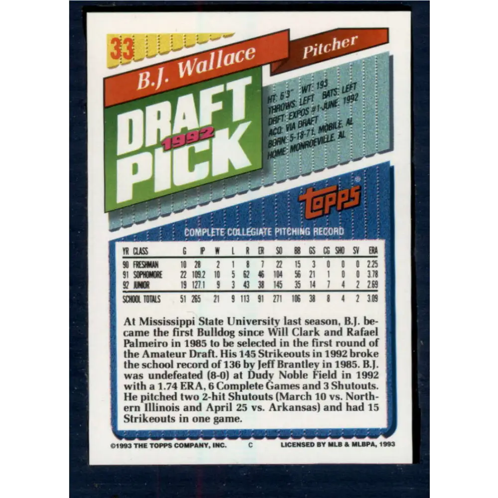 1993 Topps #33 B.J. Wallace NM-MT RC Rookie Montreal Expos Baseball Card Image 2