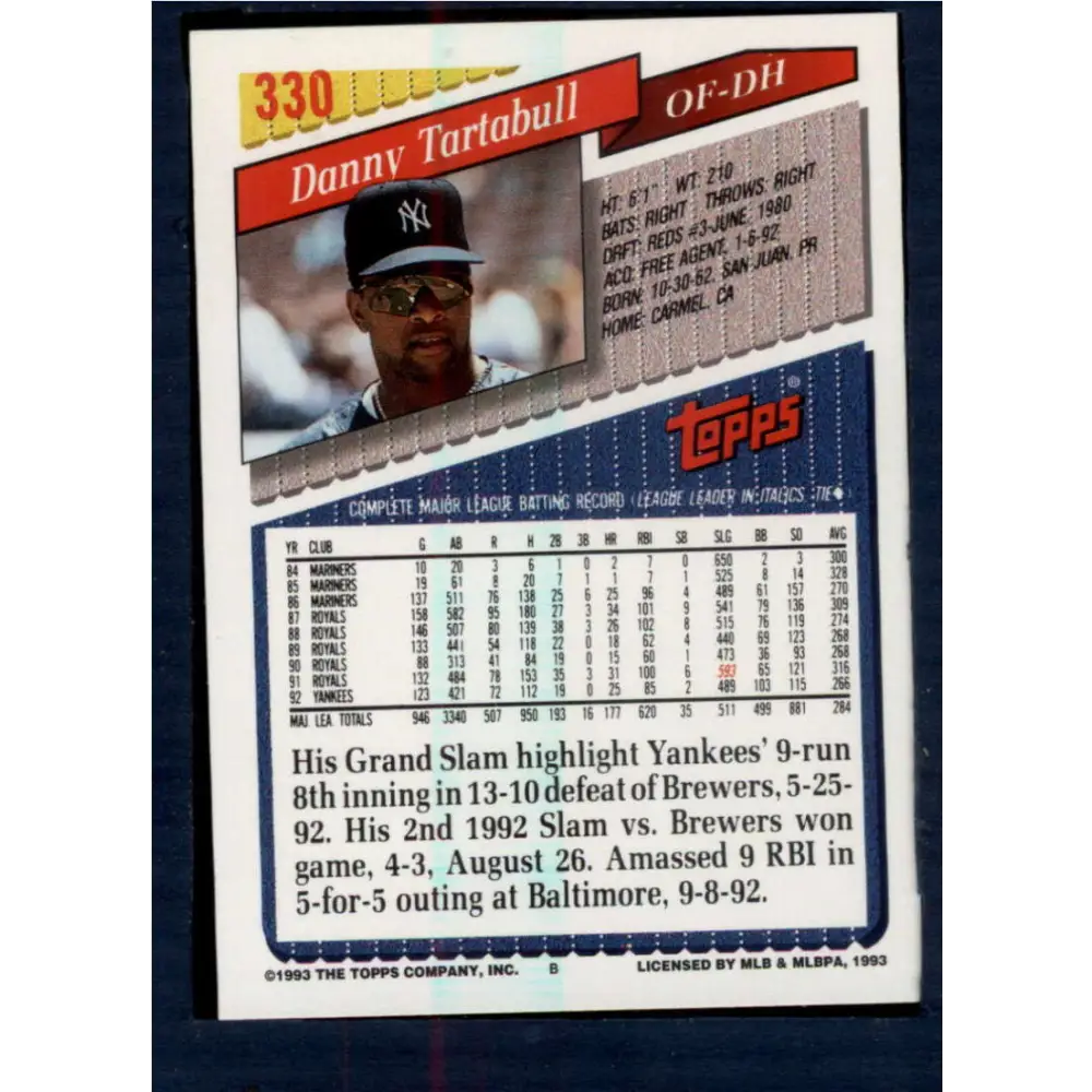 1993 Topps #330 Danny Tartabull NM-MT New York Yankees Baseball Card Image 2