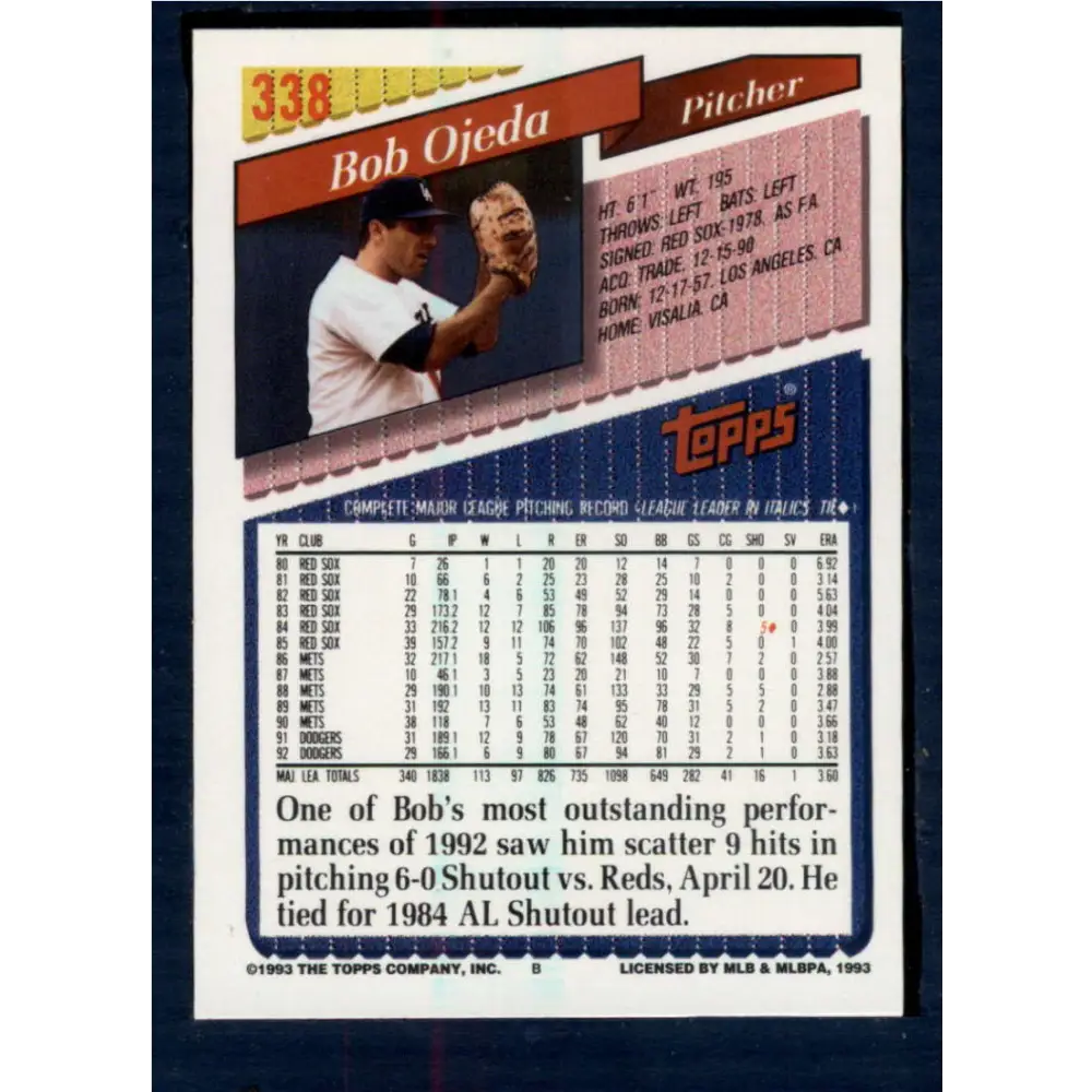 1993 Topps #338 Bob Ojeda NM-MT Los Angeles Dodgers Baseball Card Image 2