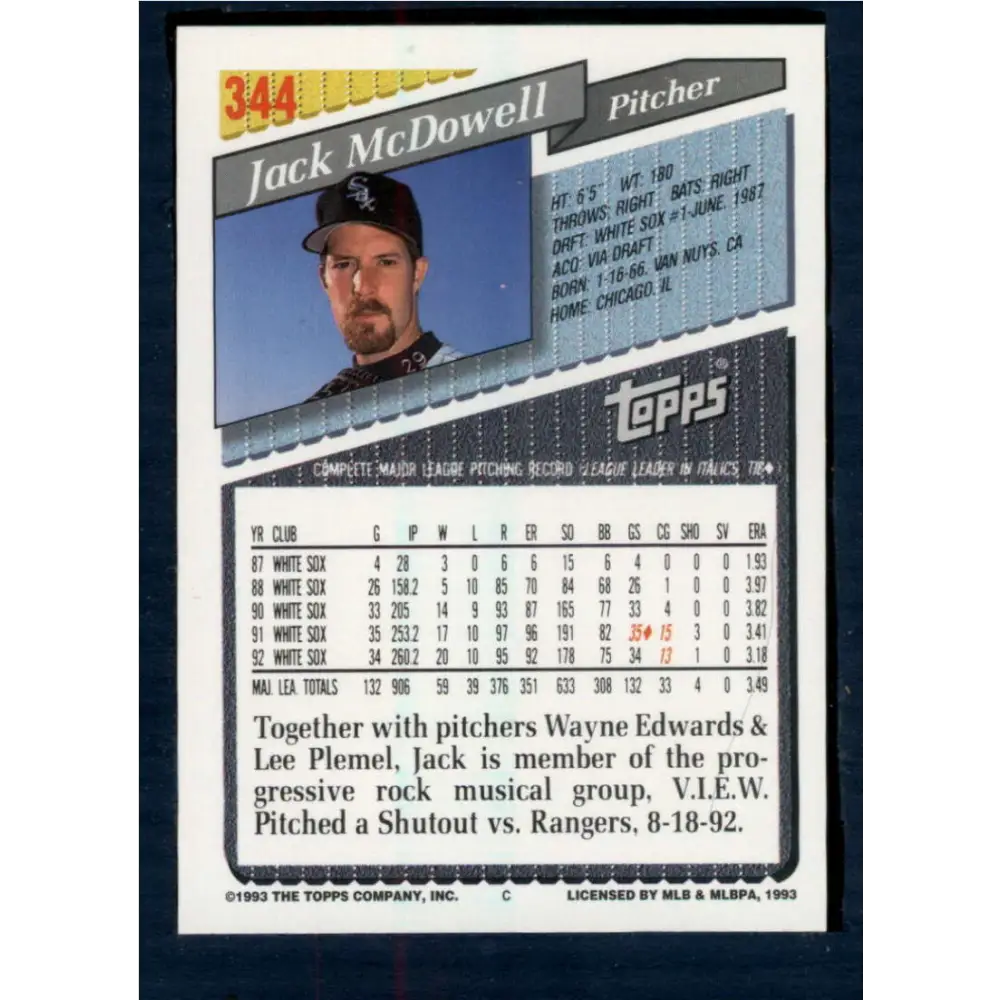 1993 Topps #344 Jack McDowell NM-MT Chicago White Sox Baseball Card Image 2