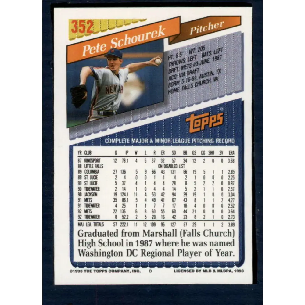 1993 Topps #352 Pete Schourek NM-MT New York Mets Baseball Card Image 2