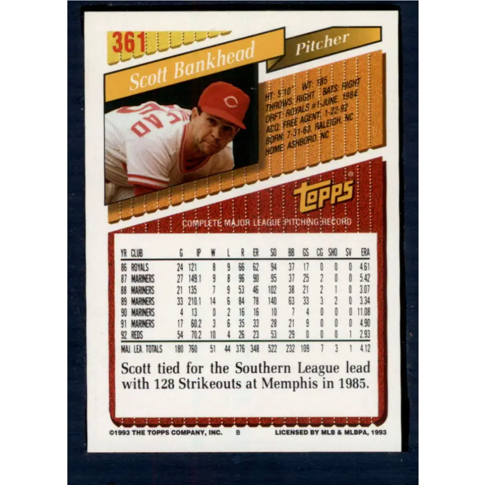 1993 Topps #361 Scott Bankhead NM-MT Cincinnati Reds Baseball Card Image 2