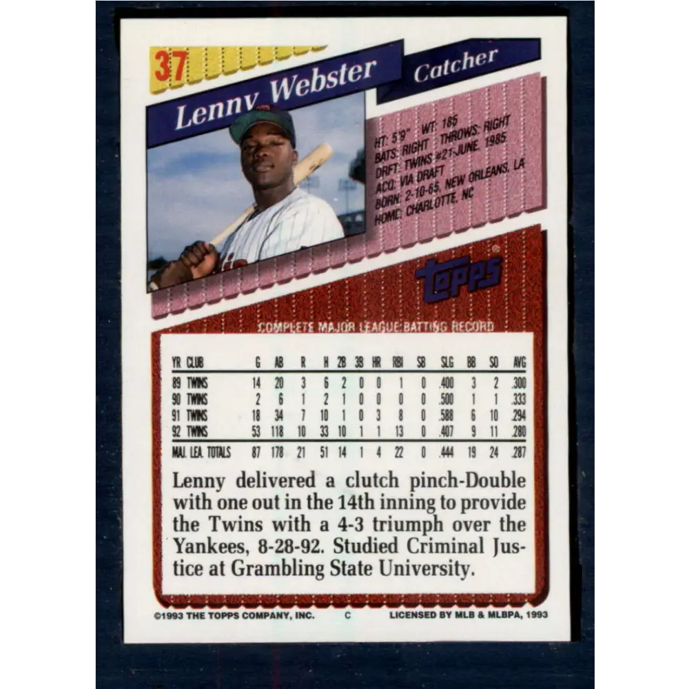 1993 Topps #37 Lenny Webster NM-MT Minnesota Twins Baseball Card Image 2