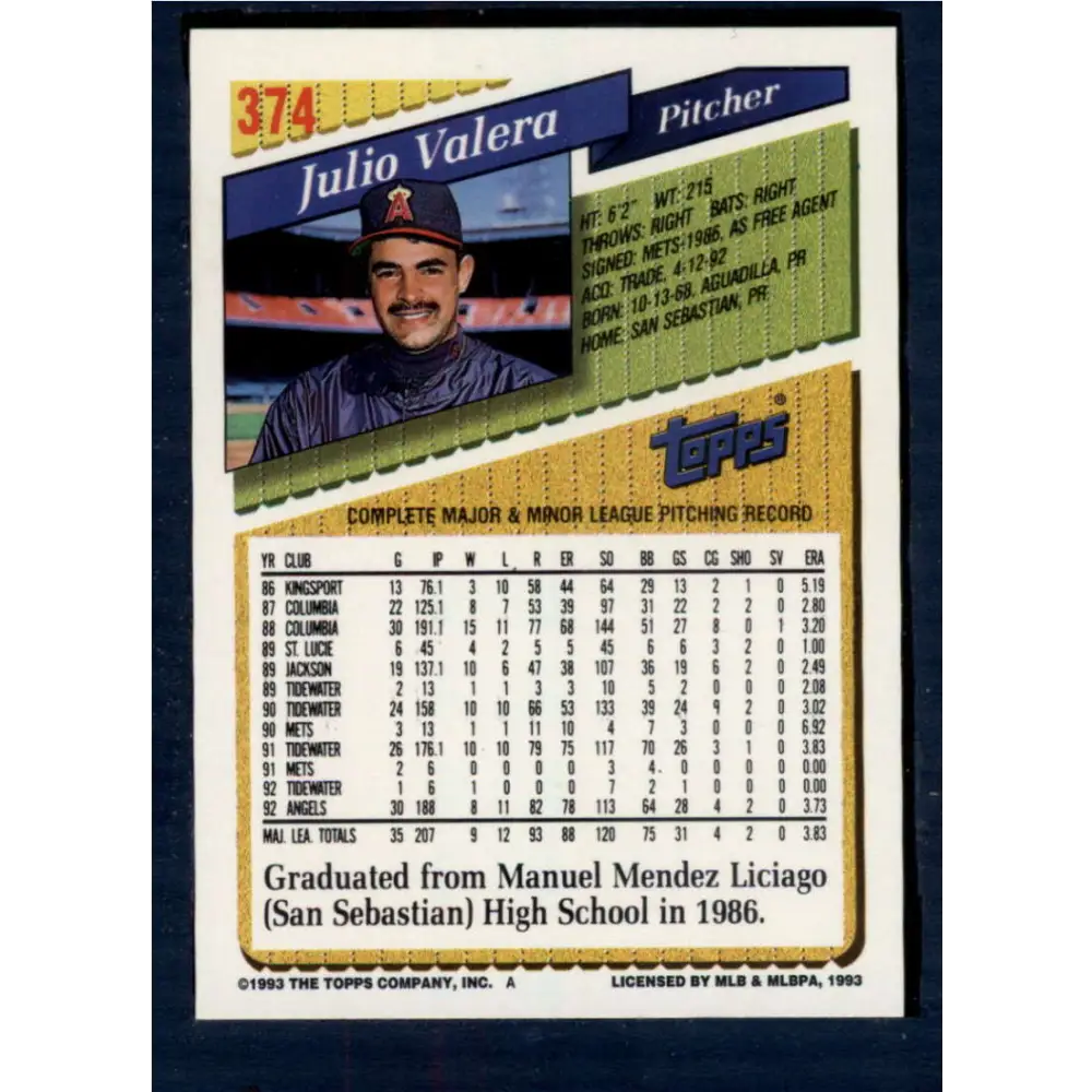 1993 Topps #374 Julio Valera NM-MT California Angels Baseball Card Image 2