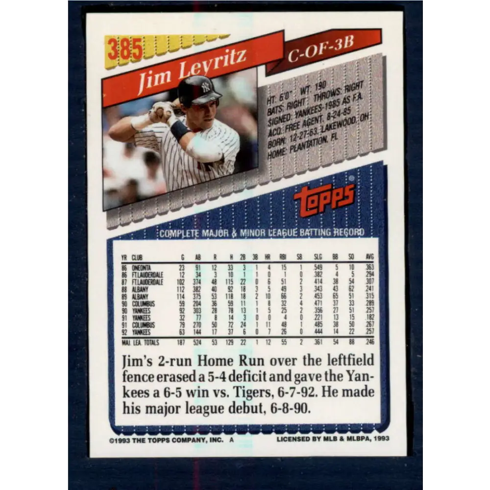 1993 Topps #385 Jim Leyritz NM-MT New York Yankees Baseball Card Image 2