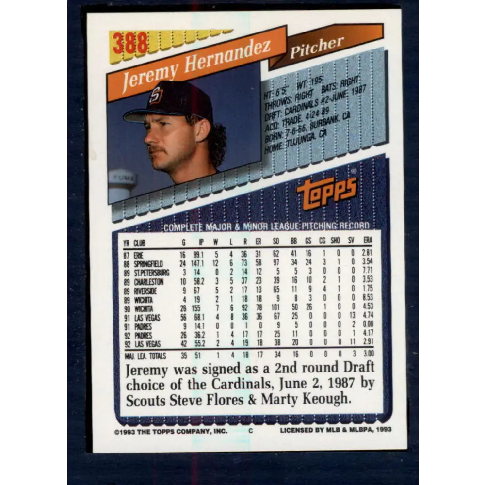 1993 Topps #388 Jeremy Hernandez NM-MT San Diego Padres Baseball Card Image 2