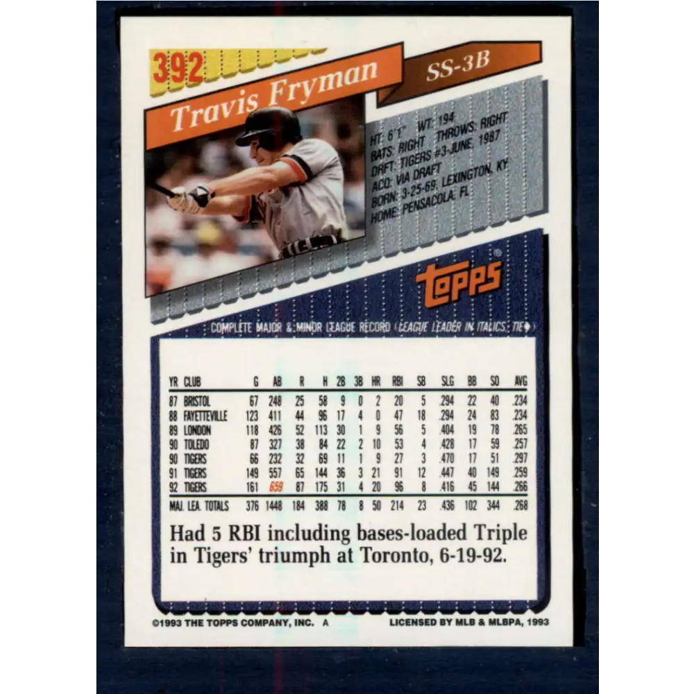 1993 Topps #392 Travis Fryman NM-MT Detroit Tigers Baseball Card Image 2