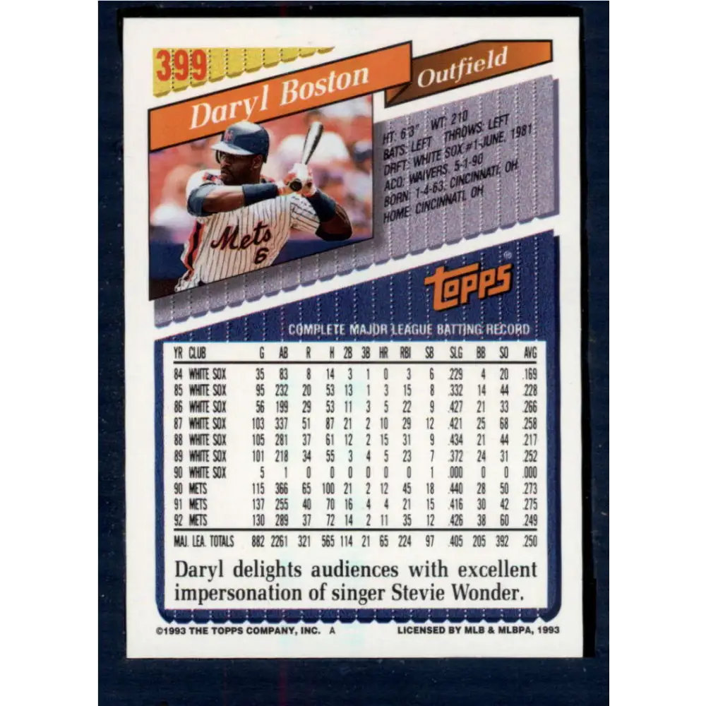 1993 Topps #399 Daryl Boston NM-MT New York Mets Baseball Card Image 2
