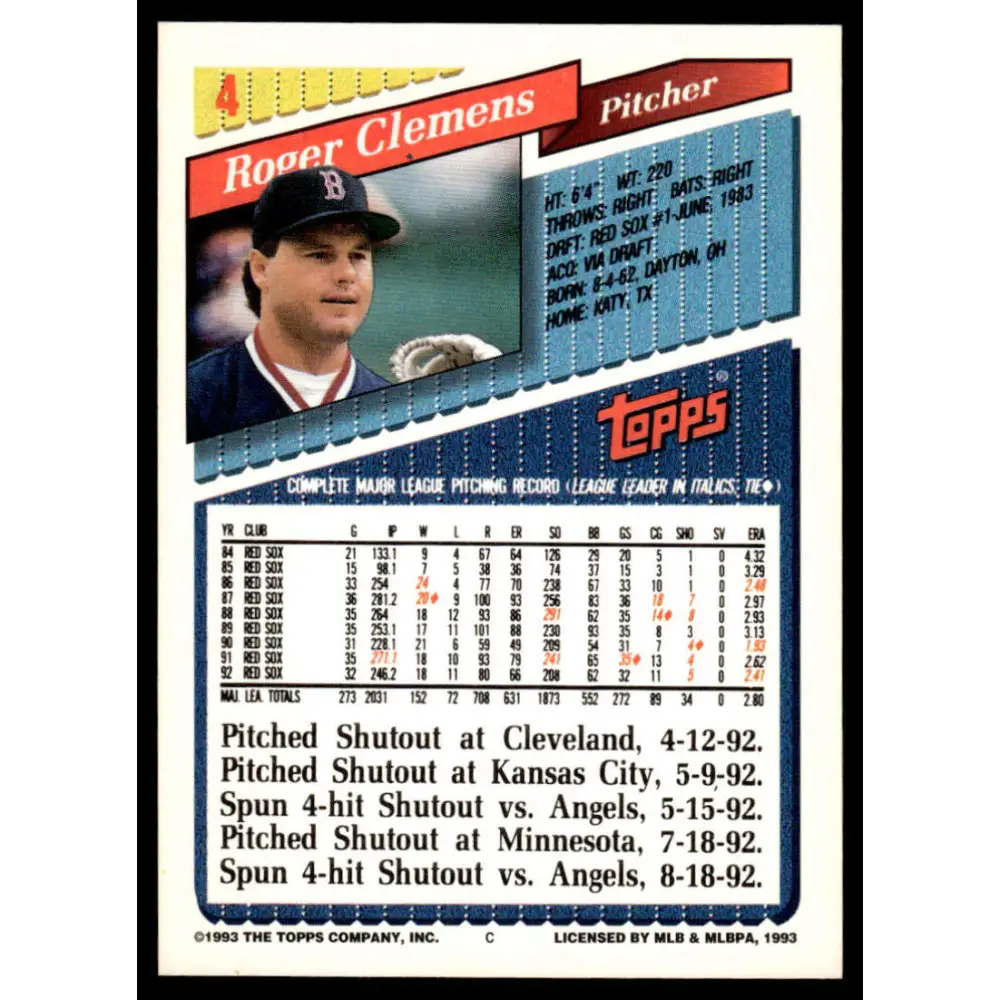 1993 Topps #4 Roger Clemens EX/NM Boston Red Sox Baseball Card Image 2