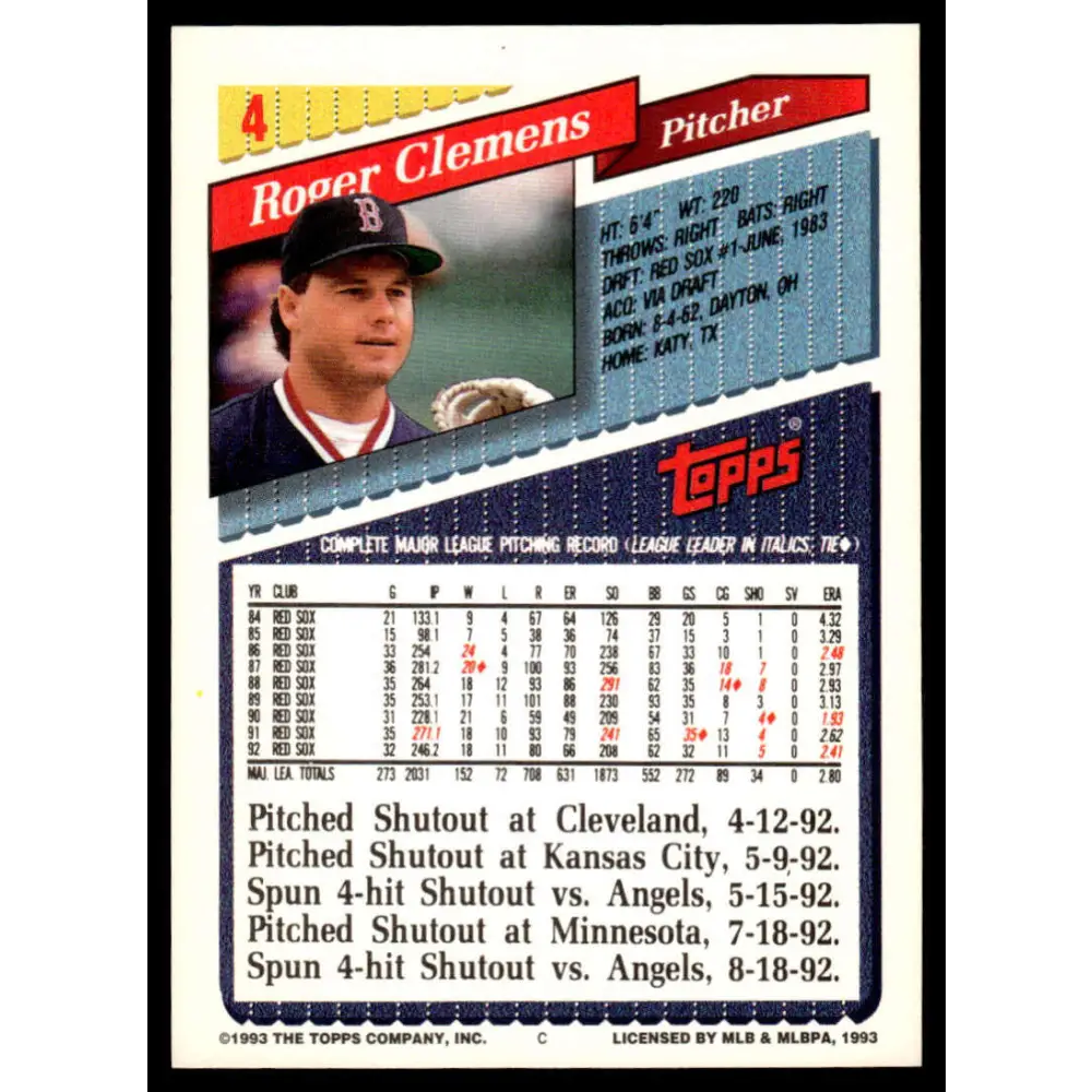 1993 Topps #4 Roger Clemens EX/NM Boston Red Sox Baseball Card Image 2