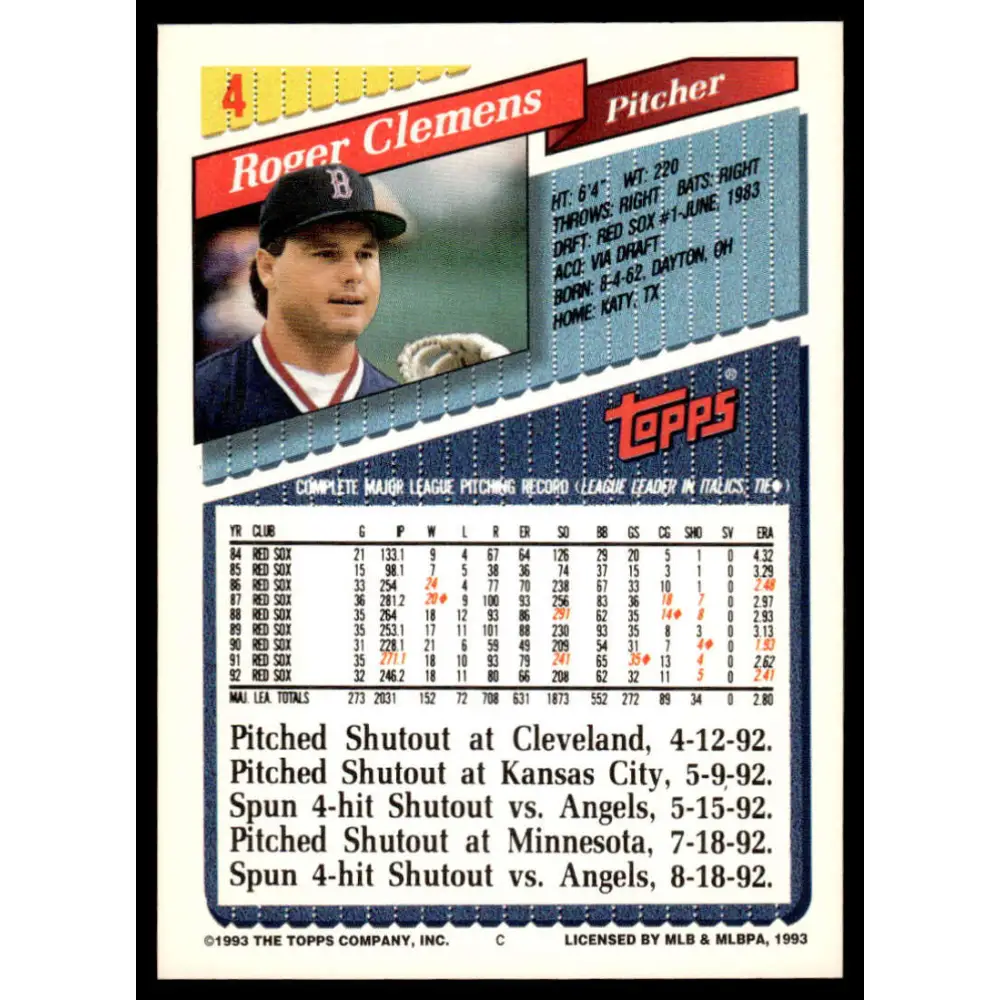 1993 Topps #4 Roger Clemens EX/NM Boston Red Sox Baseball Card Image 2