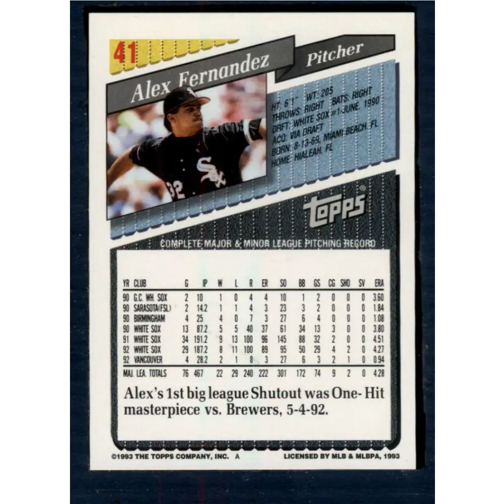 1993 Topps #41 Alex Fernandez NM-MT Chicago White Sox Baseball Card Image 2
