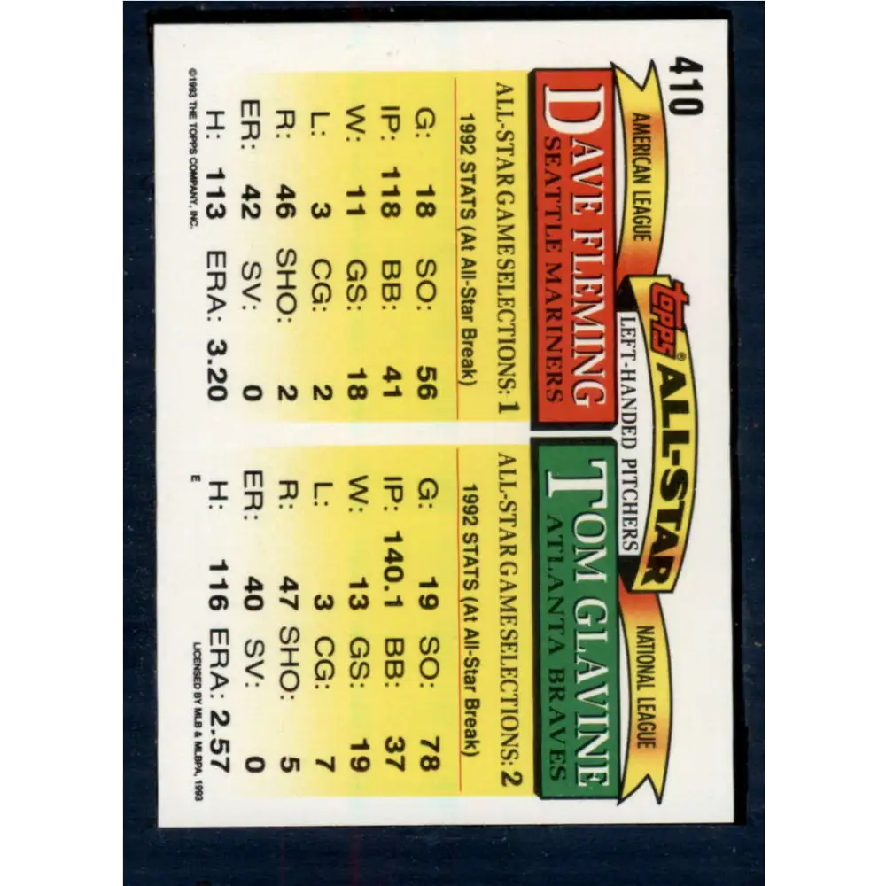 1993 Topps #410 Tom Glavine/Dave Fleming NM-MT Atlanta Braves/Seattle Mariners Baseball Card Image 2