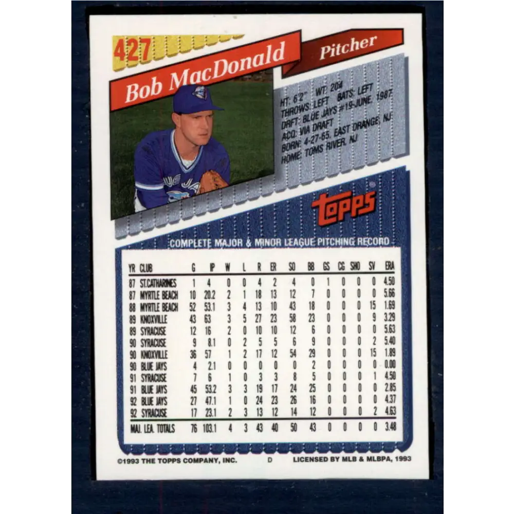 1993 Topps #427 Bob MacDonald NM-MT Toronto Blue Jays Baseball Card Image 2