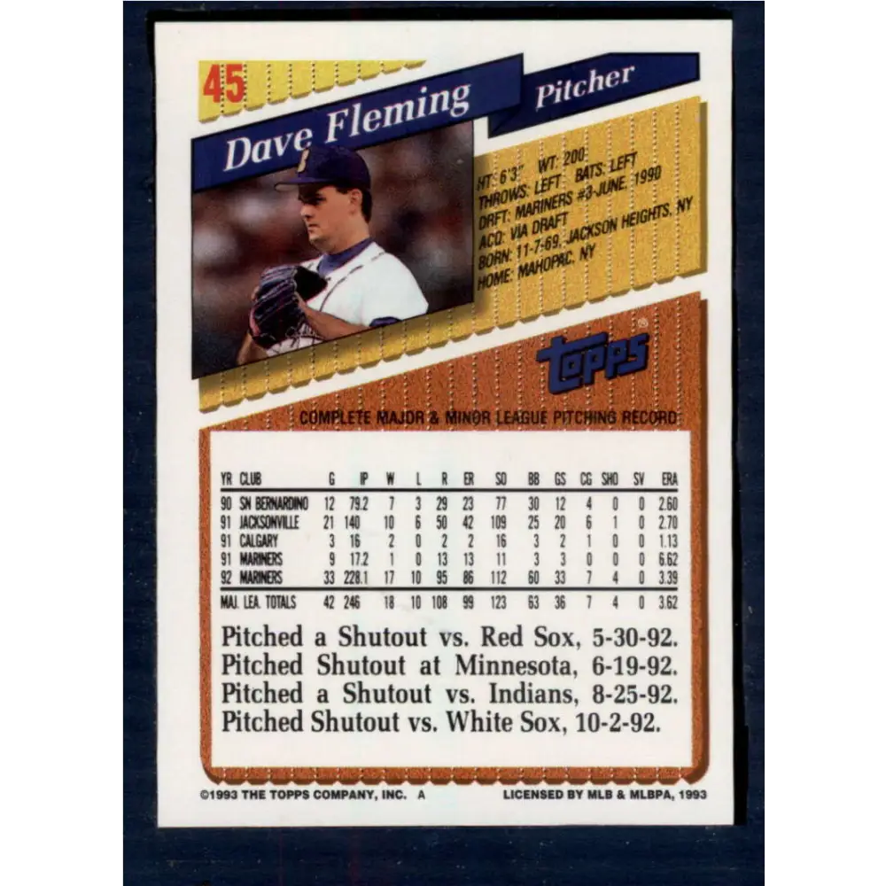 1993 Topps #45 Dave Fleming NM-MT Seattle Mariners Baseball Card Image 2