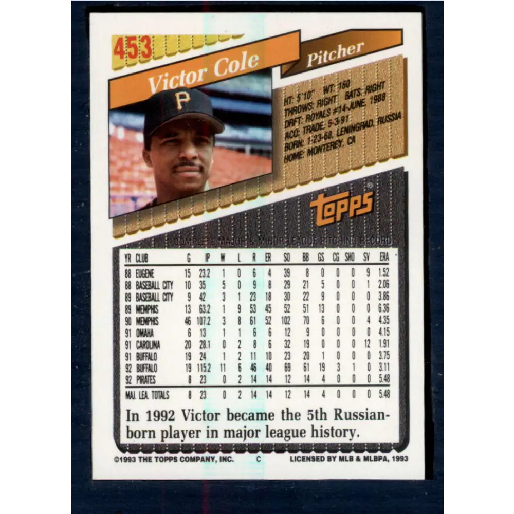1993 Topps #453 Victor Cole NM-MT Pittsburgh Pirates Baseball Card Image 2