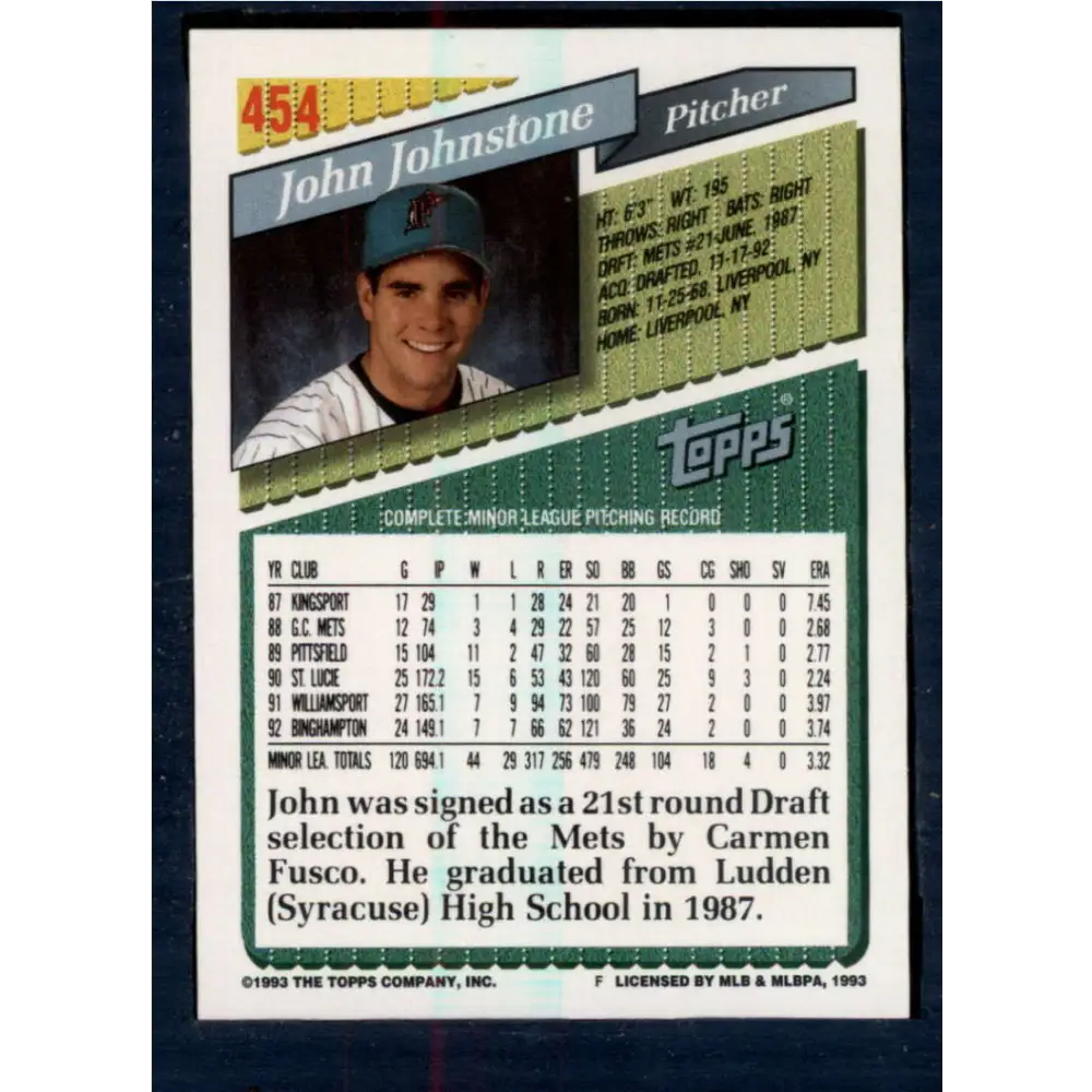 1993 Topps #454 John Johnstone NM-MT RC Rookie Florida Marlins Baseball Card Image 2