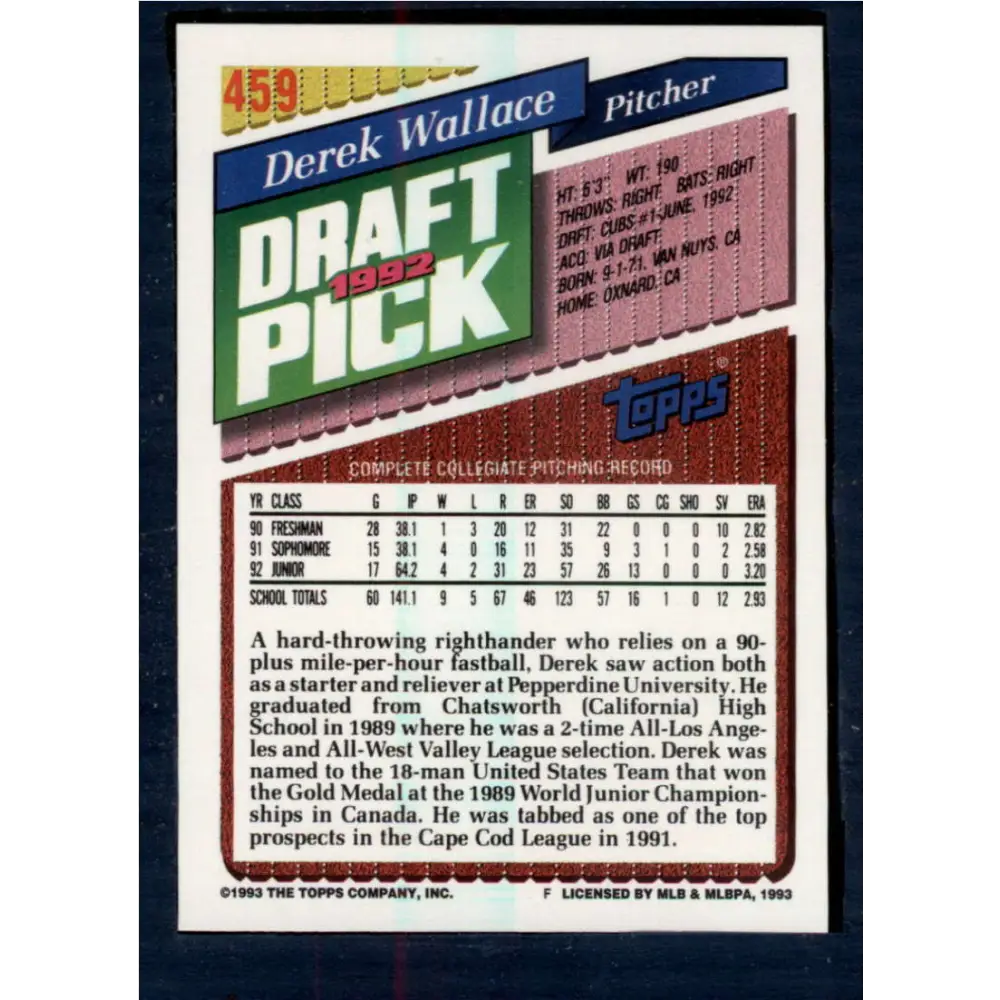 1993 Topps #459 Derek Wallace NM-MT RC Rookie Chicago Cubs Baseball Card Image 2