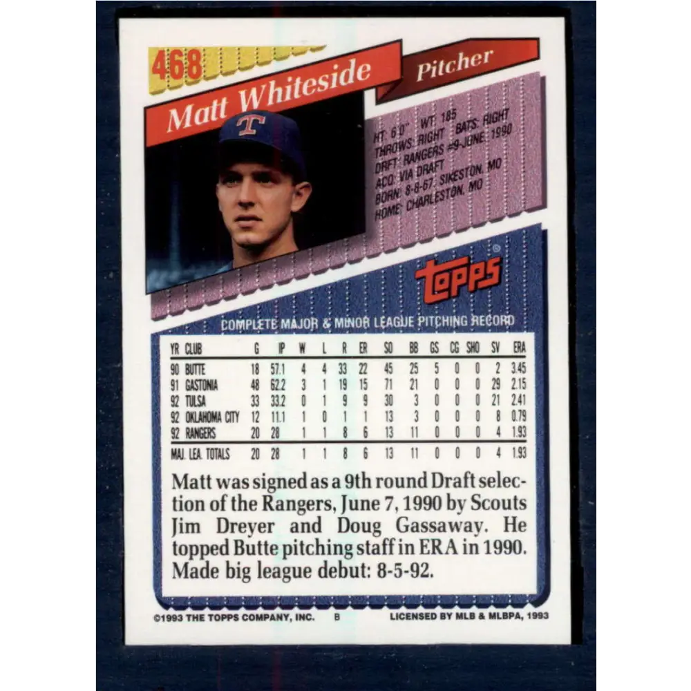 1993 Topps #468 Matt Whiteside NM-MT RC Rookie Texas Rangers Baseball Card Image 2
