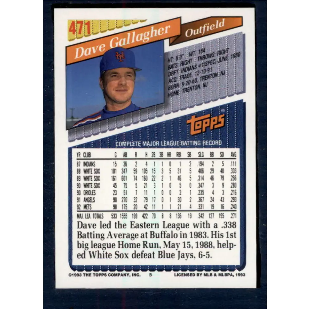 1993 Topps #471 Dave Gallagher NM-MT New York Mets Baseball Card Image 2