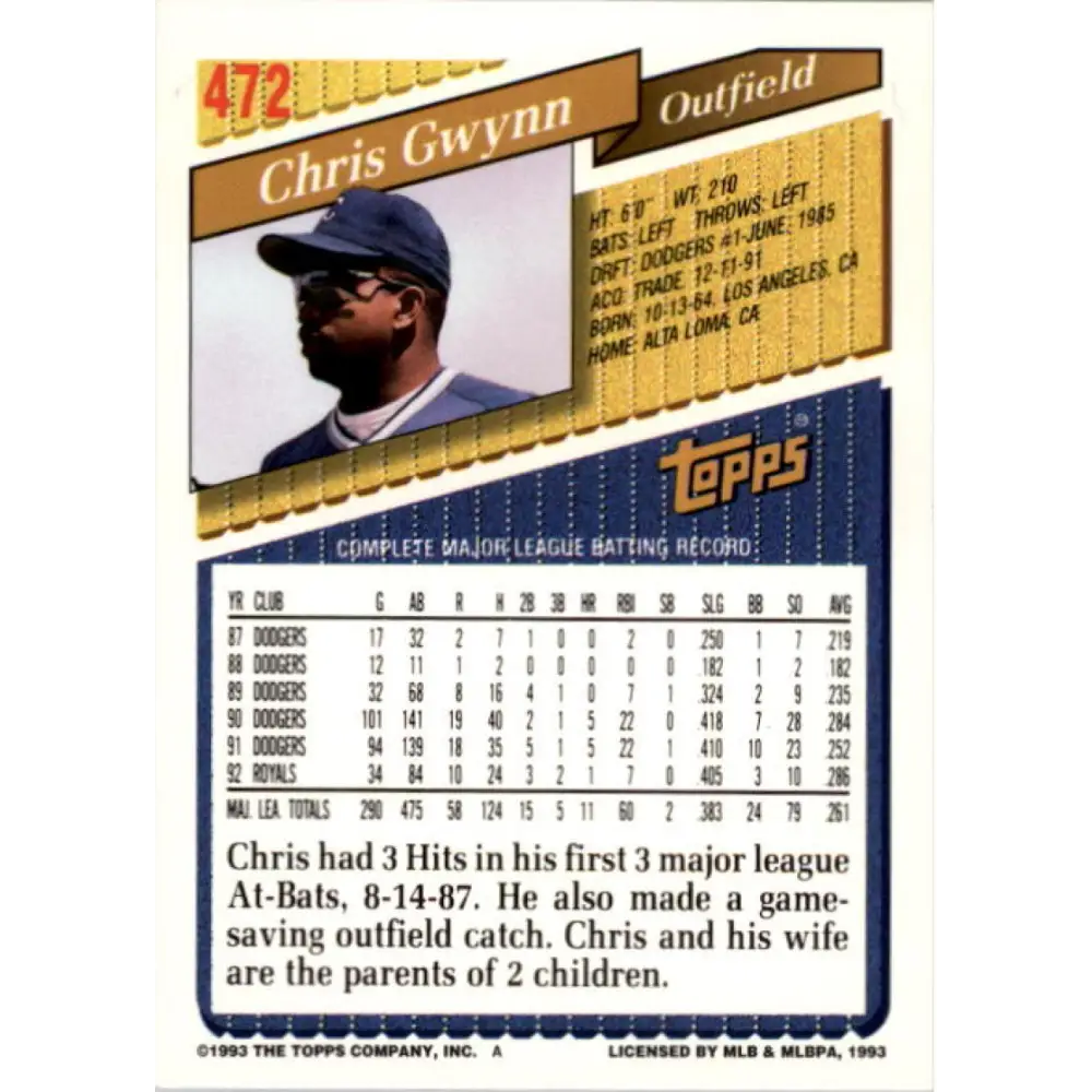 1993 Topps #472 Chris Gwynn NM-MT Kansas City Royals Baseball Card Image 2