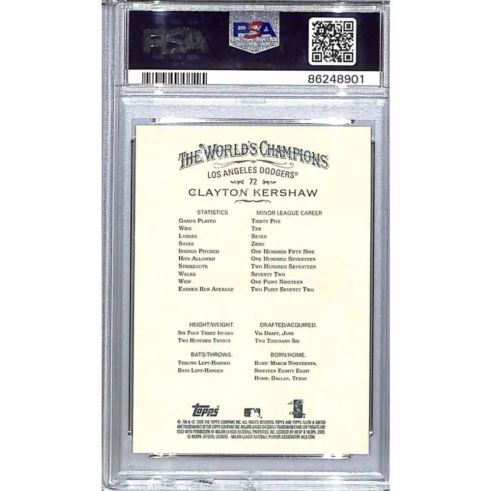 2008 Topps Allen & Ginter #72 Clayton Kershaw PSA 10 GEM MINT RC Rookie Los Angeles Dodgers Image 2