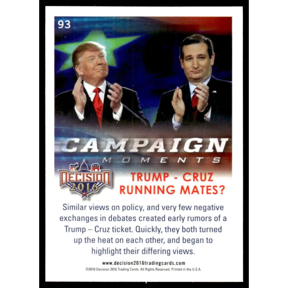 2016 Leaf Decision 2016 #93 Trump - Cruz Running mates? NM-MT Political Trading Card Image 2