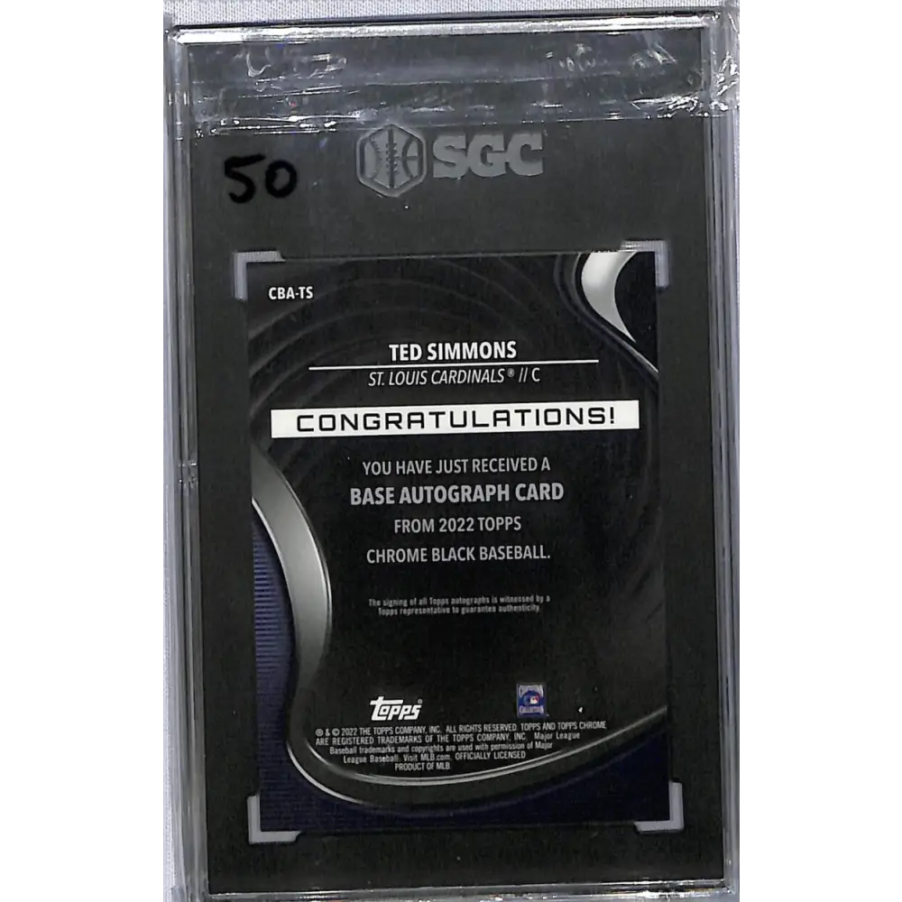2022 Topps Chrome Black #CBA-TS Ted Simmons SGC 10 Gem Auto 24/150 St. Louis Cardinals Image 2