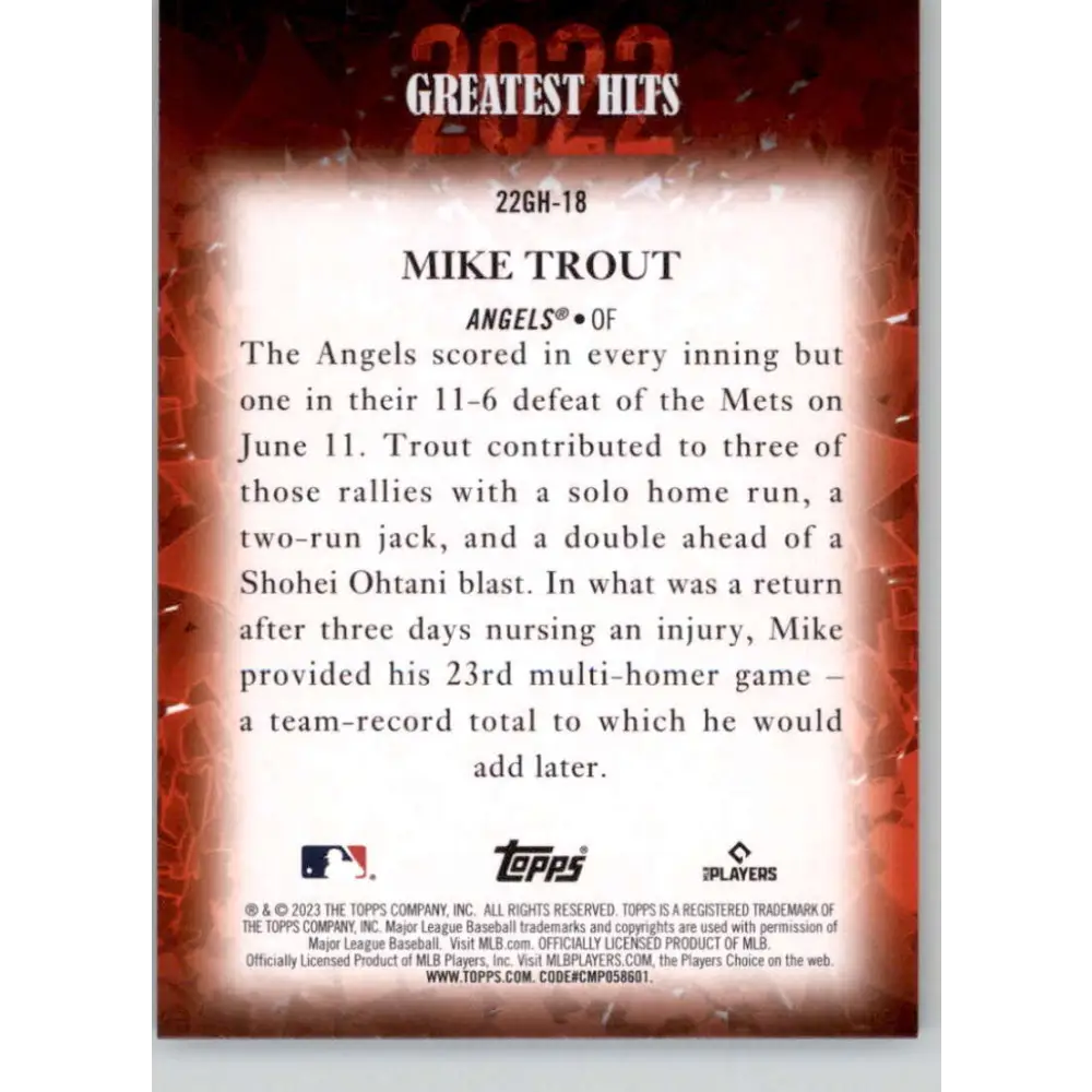 2023 Topps 2022 Greatest Hits #22GH-18 Mike Trout NM-MT Los Angeles Angels Baseball Card Image 2